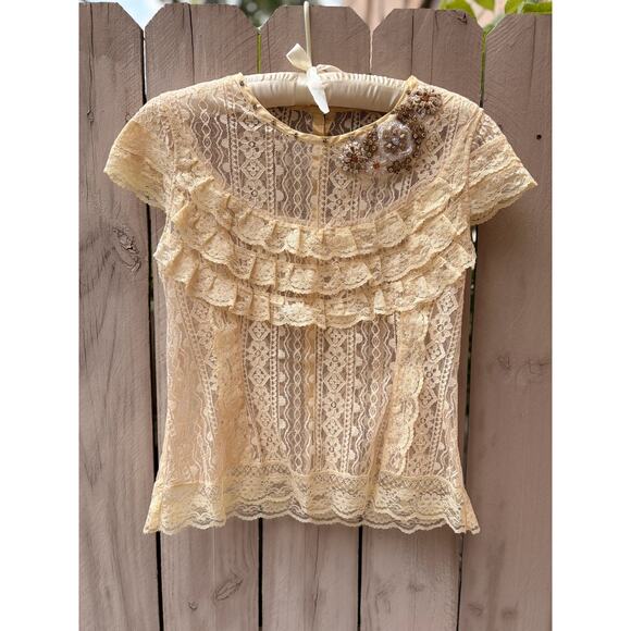 Sunday Honey Tops - Vintage Beaded Champagne Lace Top | Sheer Lace Blouse